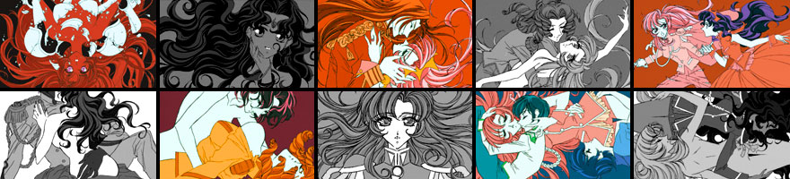 Official Revolutionary Girl Utena illustrations featuring Utena, Anthy and other characters in black, white, red and pink.